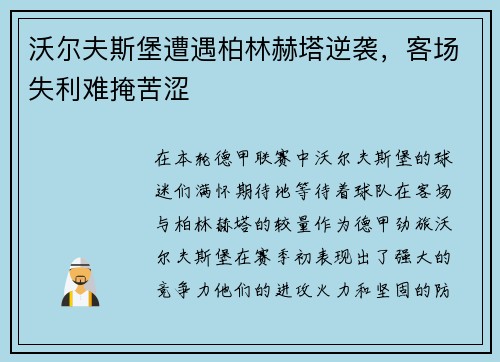 沃尔夫斯堡遭遇柏林赫塔逆袭，客场失利难掩苦涩